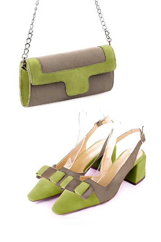 Taupe brown and pistachio green women's dress clutch, for weddings, ceremonies, cocktails and parties. Worn view - Florence KOOIJMAN